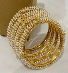 PEARLS WORK GOLD BANGLE 4PCS SET